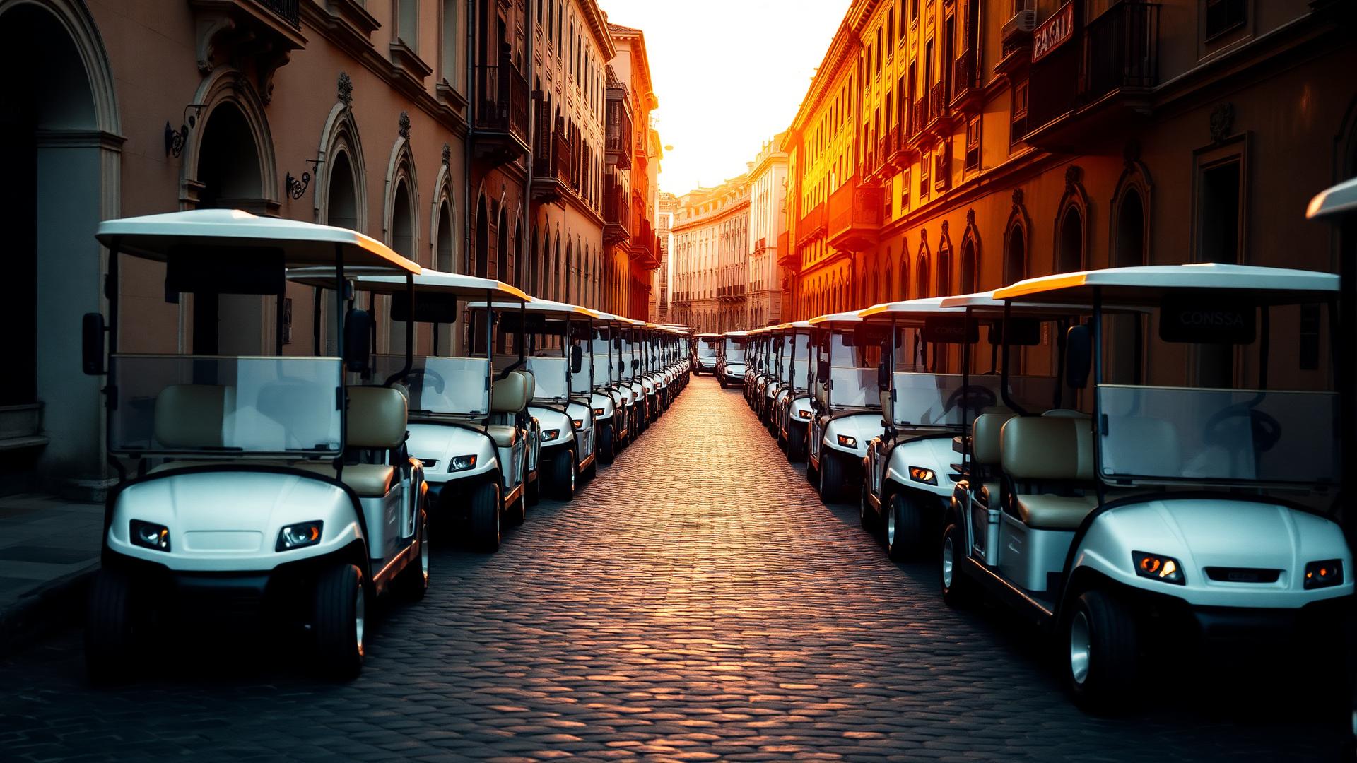 Fleet of elegant golf carts on a cobblestone street at sunrise